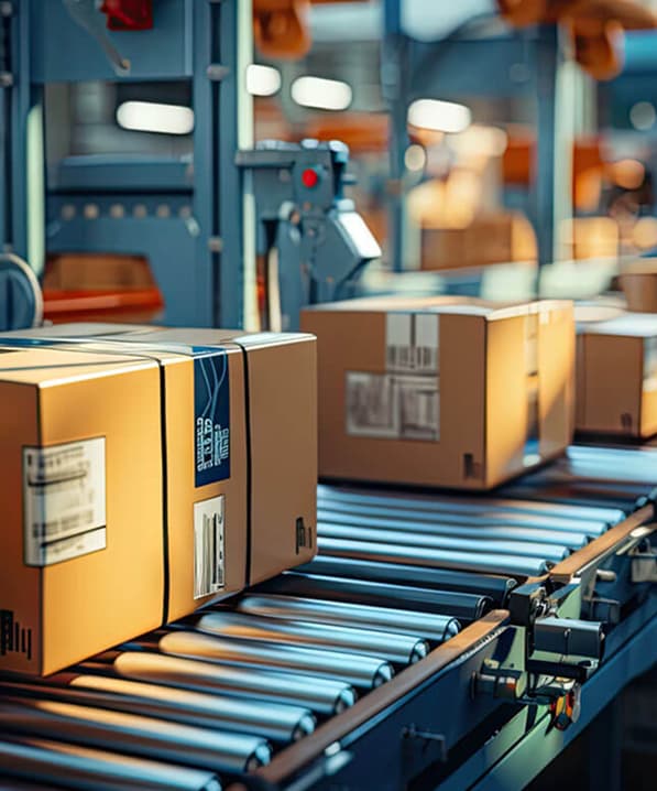 Parcels moving along a conveyor at a freight distribution centre